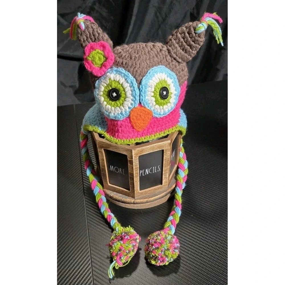 Hand Crocheted Owl Infant Cap Beanie Braided Ear Flaps Button‎ Eyes Toddler